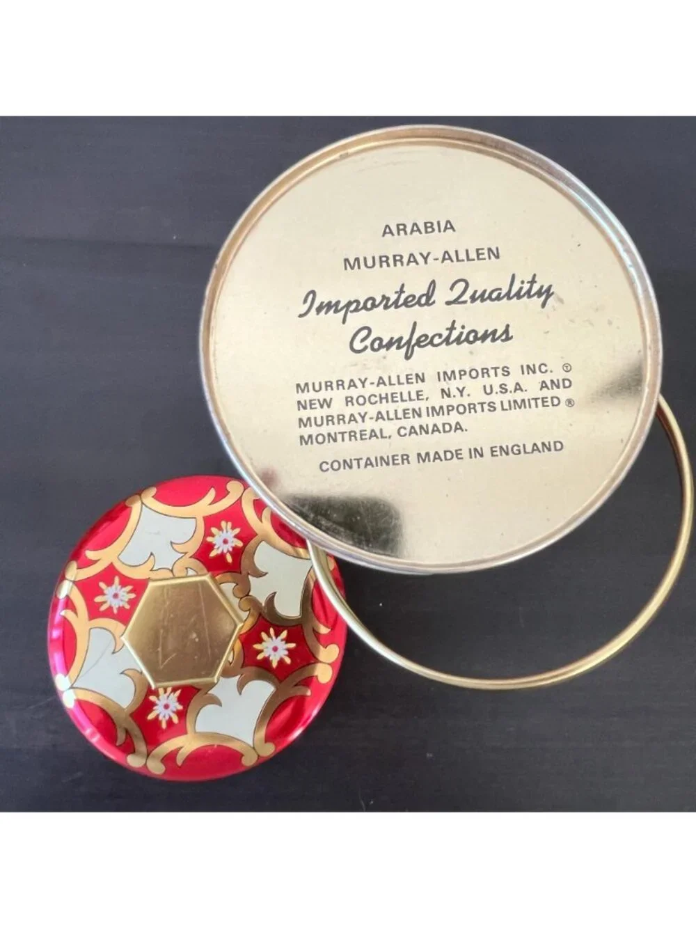 Vintage Murray Allen Handled Metal Candy Tin // Round Floral Lidded Canister // - Picture 6 of 8